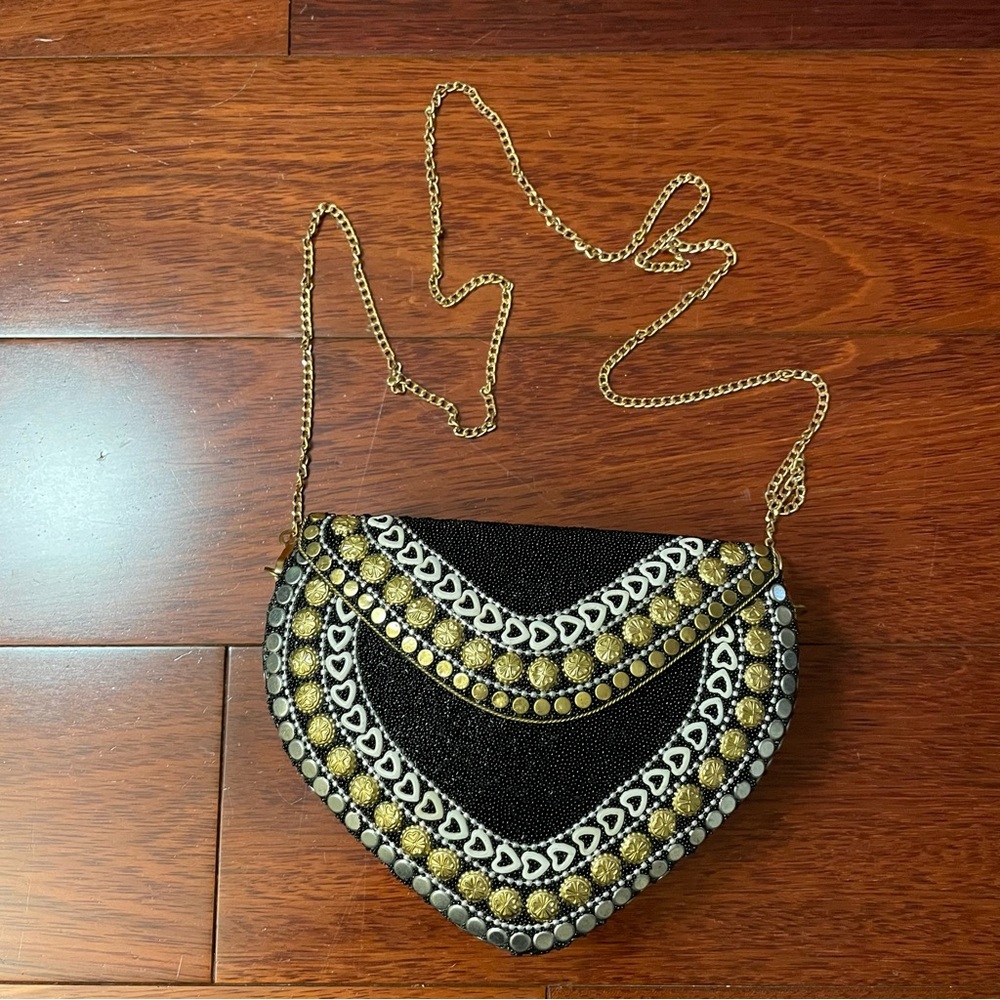 Ramla Handmade Heart Shaped Mosaic Bag Purse Clutch Black Gold Bling Bling B1 I - Picture 1 of 13